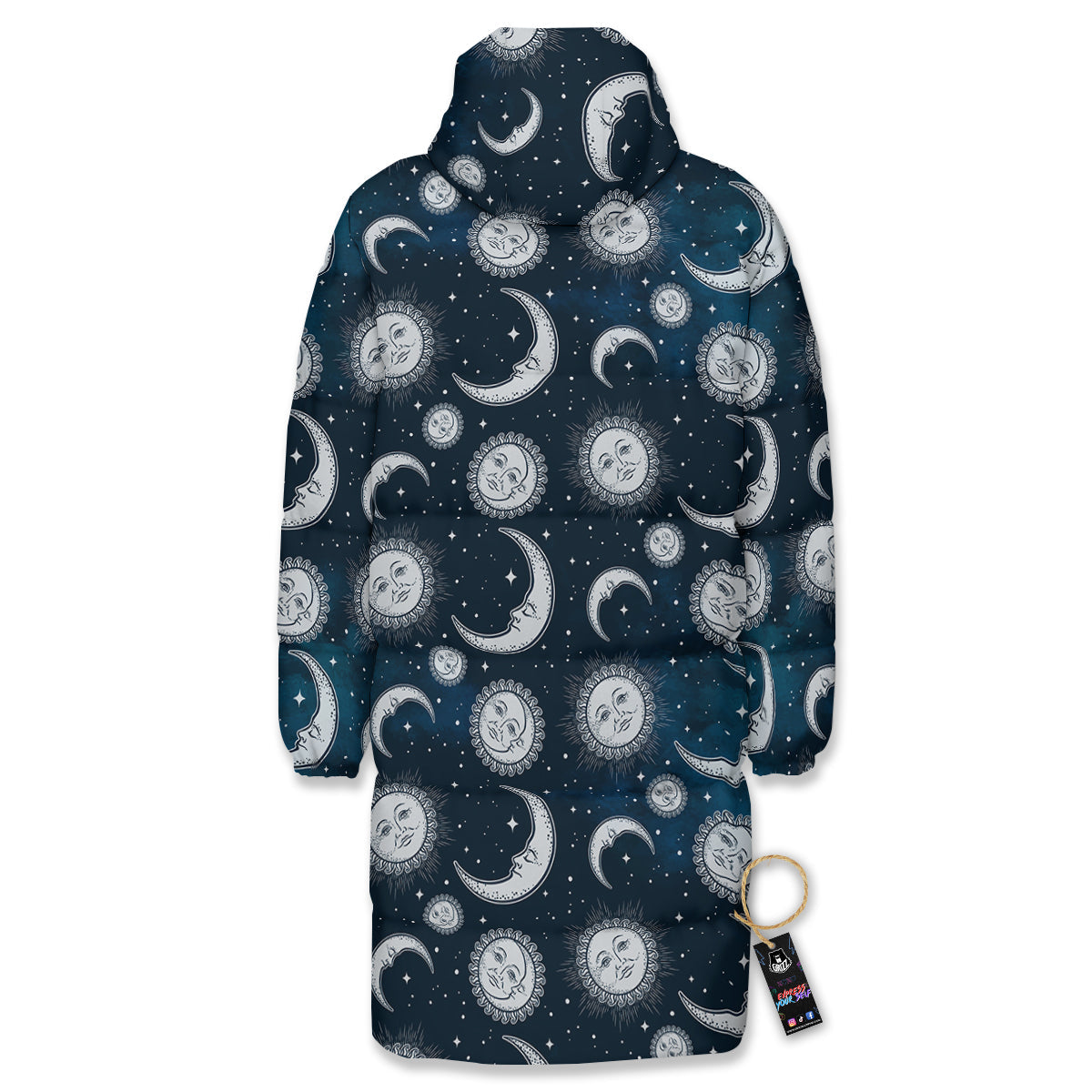 Celestial Blue And White Print Pattern Long Down Jacket-grizzshop