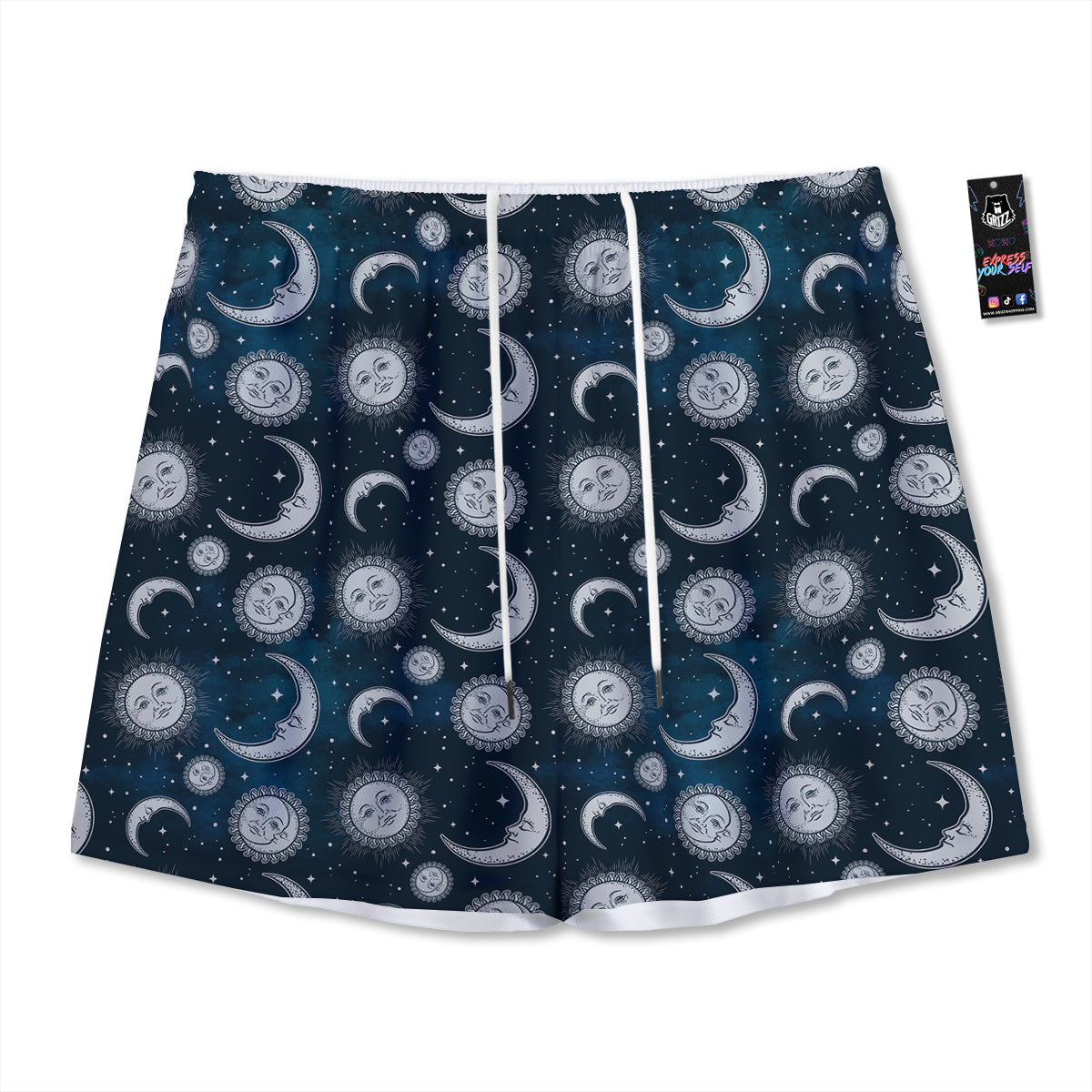 Celestial Blue And White Print Pattern Mesh Shorts