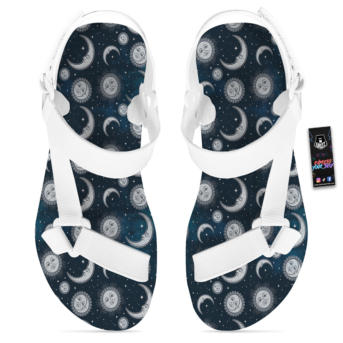Celestial Blue And White Print Pattern White Open Toe Sandals-grizzshop