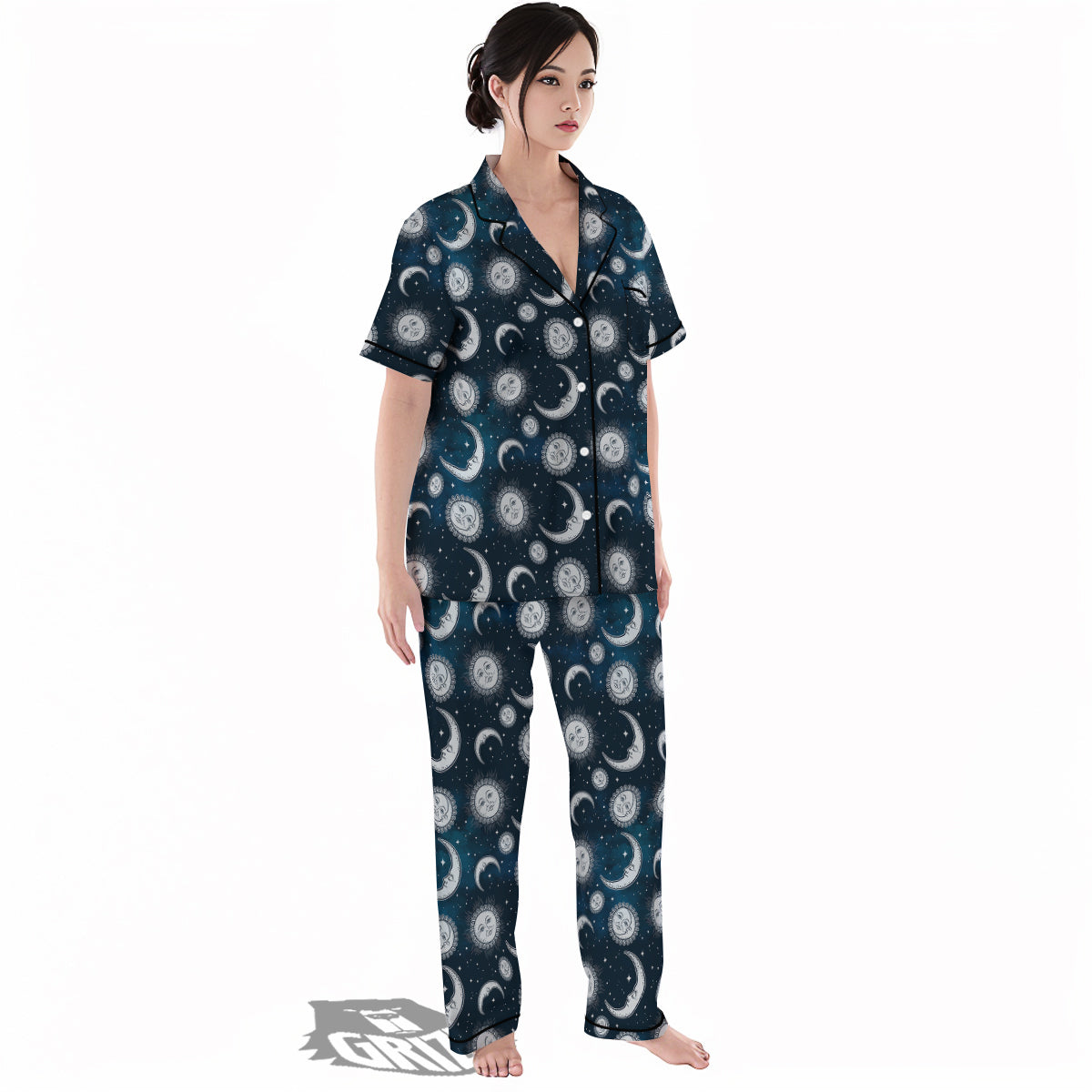Celestial Blue And White Print Pattern Women's Pajamas Set-grizzshop