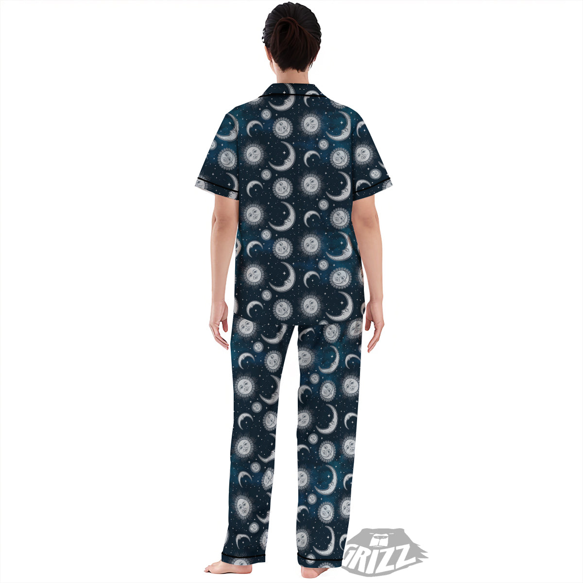 Celestial Blue And White Print Pattern Women's Pajamas Set-grizzshop