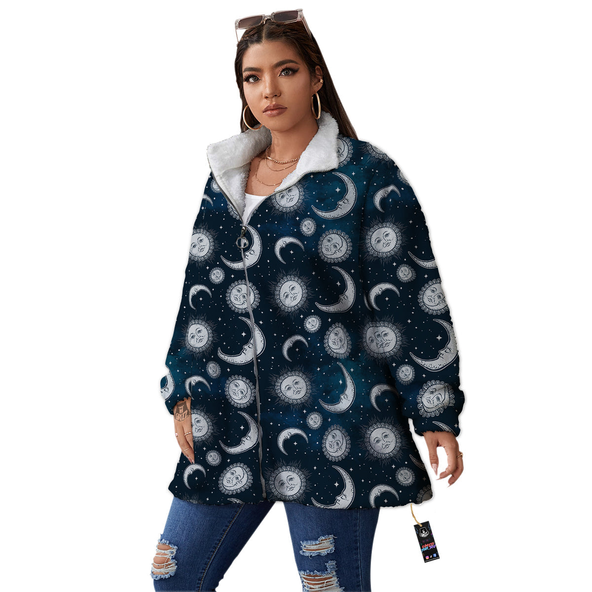 Celestial Blue And White Print Pattern Women's Sherpa Jacket-grizzshop