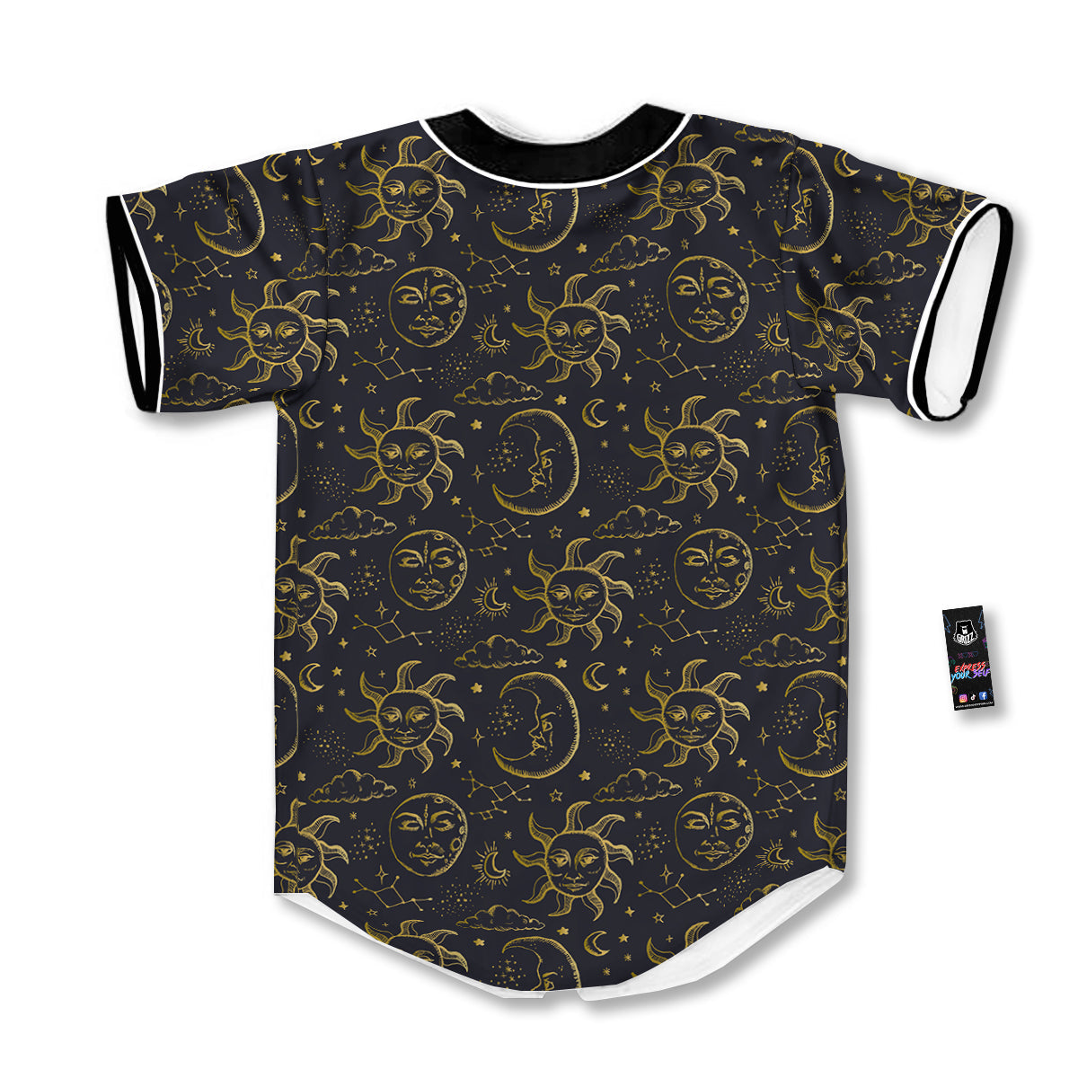 Celestial Gold And Black Print Pattern Baseball Jersey-grizzshop