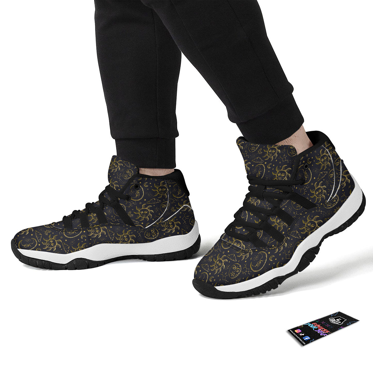 Celestial Gold And Black Print Pattern Black Bball Shoes-grizzshop