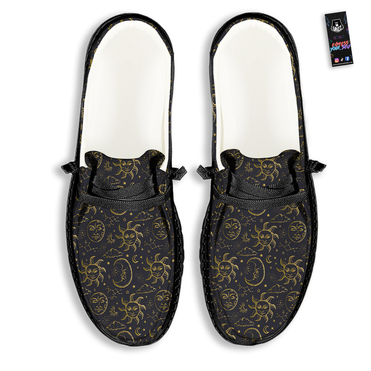 Celestial Gold And Black Print Pattern Black Loafers-grizzshop