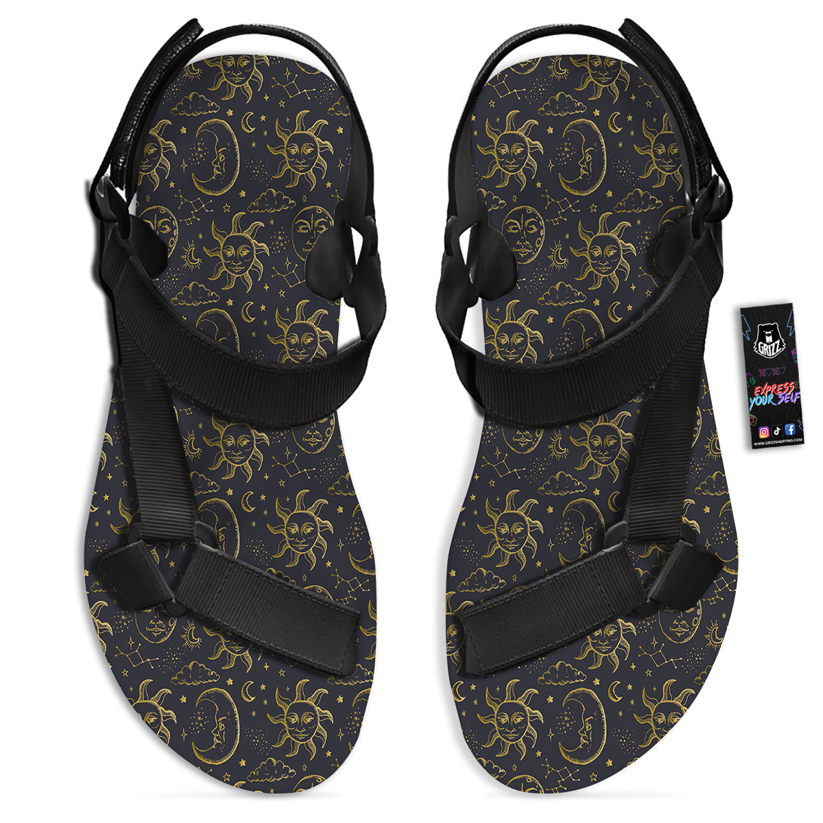 Celestial Gold And Black Print Pattern Black Open Toe Sandals-grizzshop