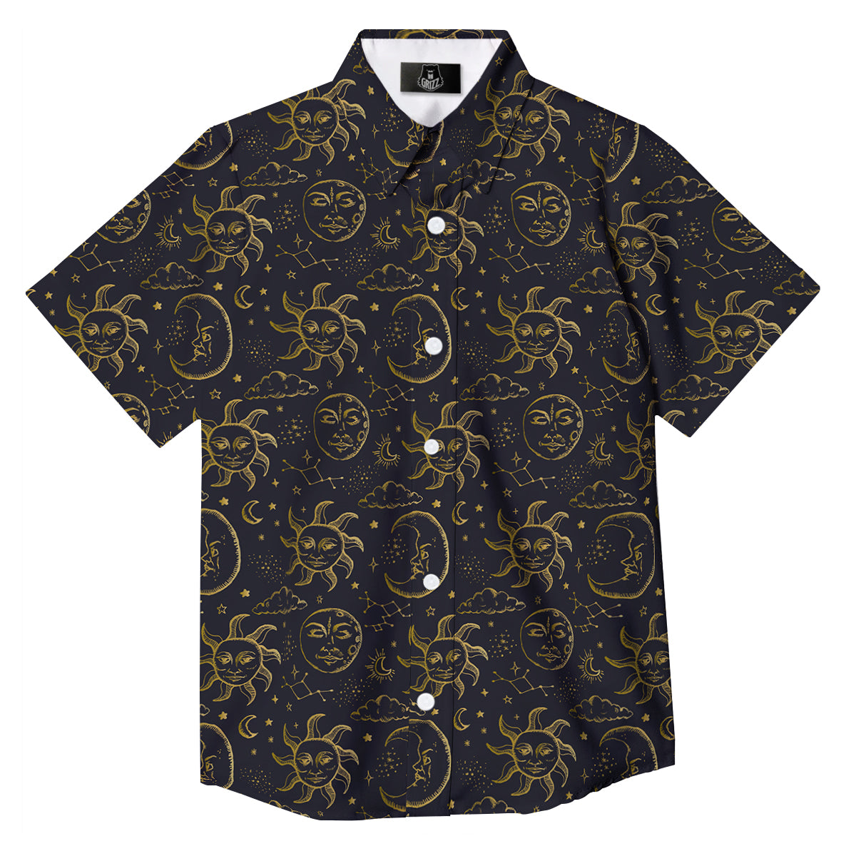 Celestial Gold And Black Print Pattern Button Up Shirt-grizzshop
