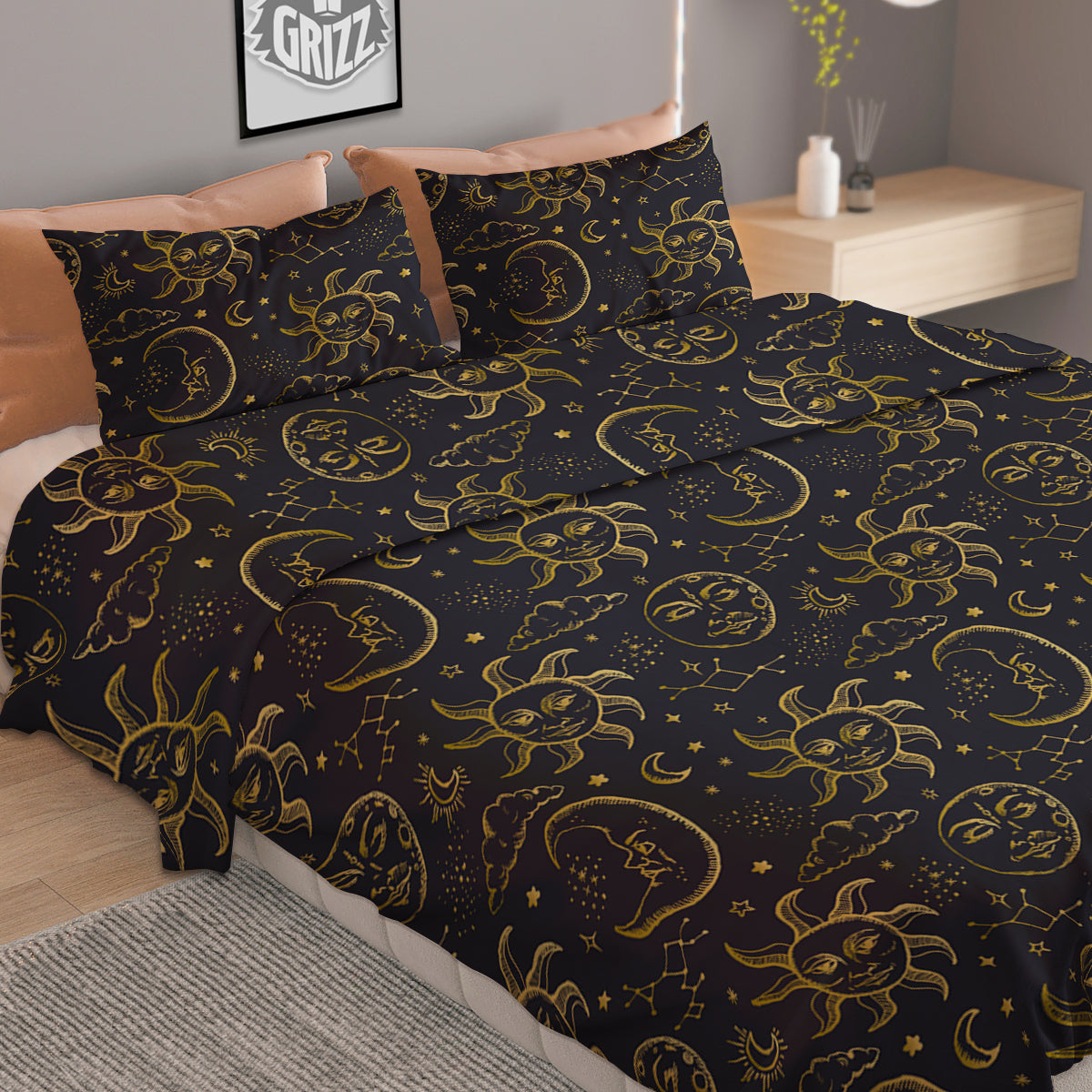 Celestial Gold And Black Print Pattern Duvet Cover Bedding Set