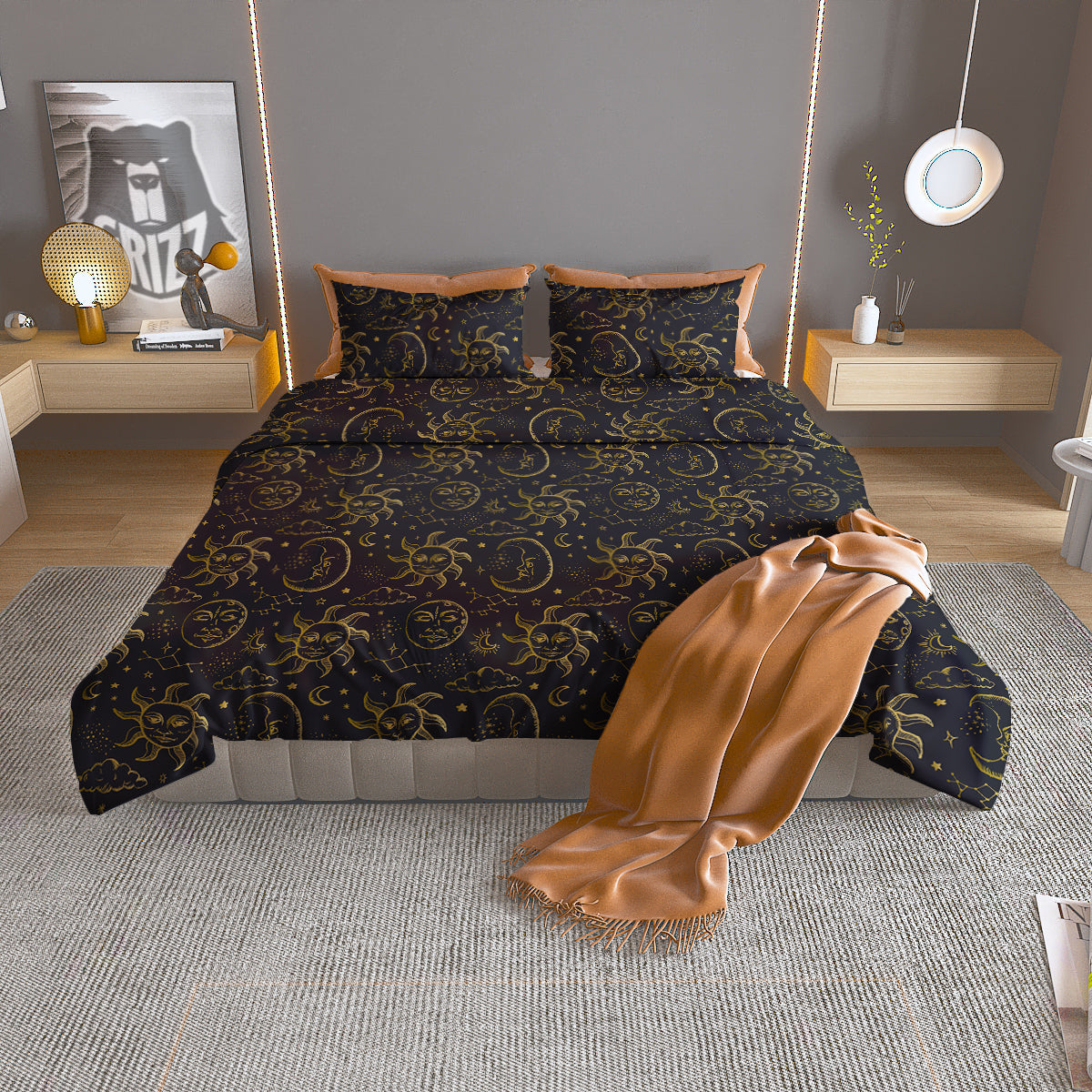 Celestial Gold And Black Print Pattern Duvet Cover Bedding Set