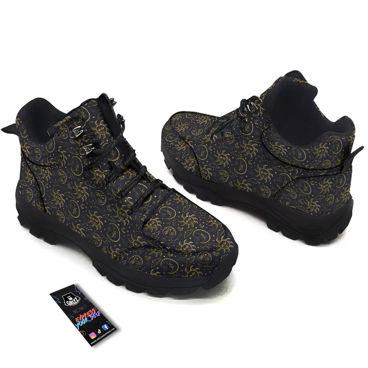 Celestial Gold And Black Print Pattern Hiking Shoes-grizzshop