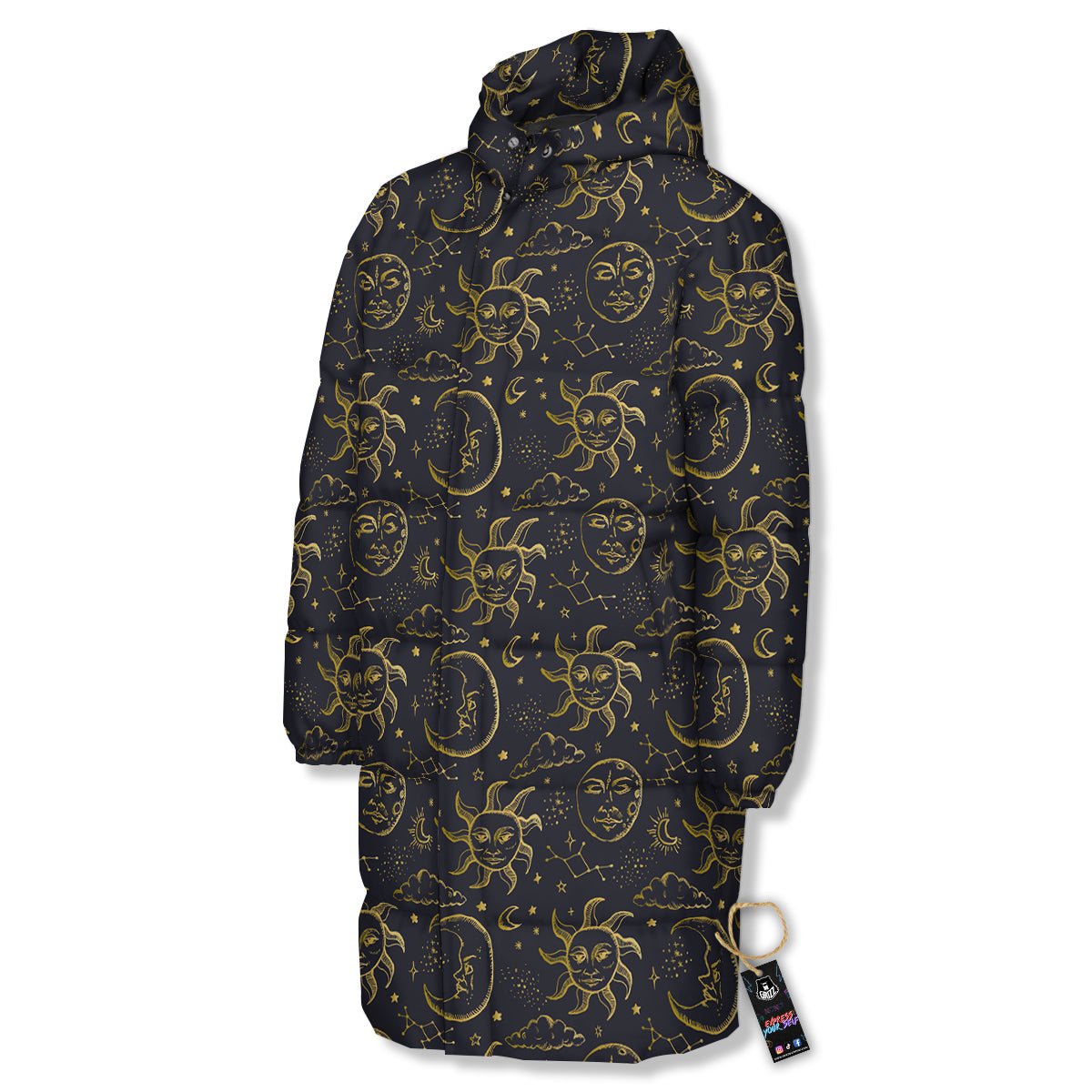 Celestial Gold And Black Print Pattern Long Down Jacket-grizzshop
