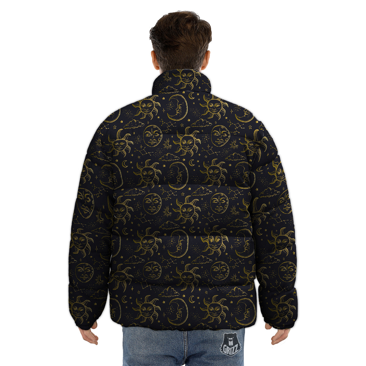 Celestial Gold And Black Print Pattern Puffer Jacket-grizzshop
