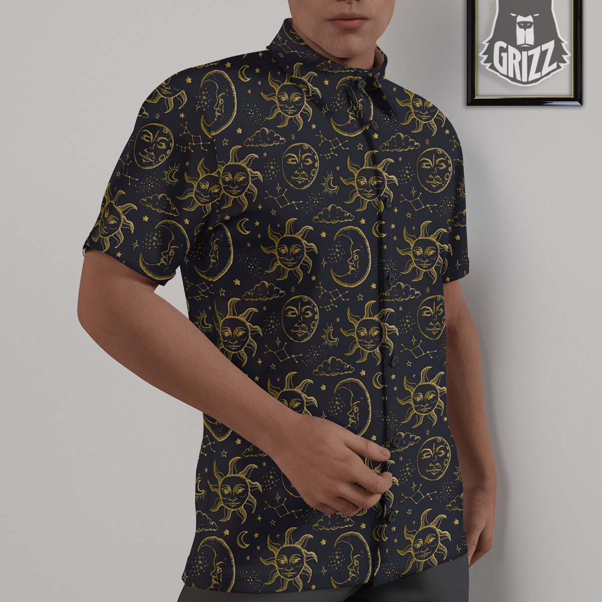 Celestial Gold And Black Print Pattern Untucked Shirts-grizzshop