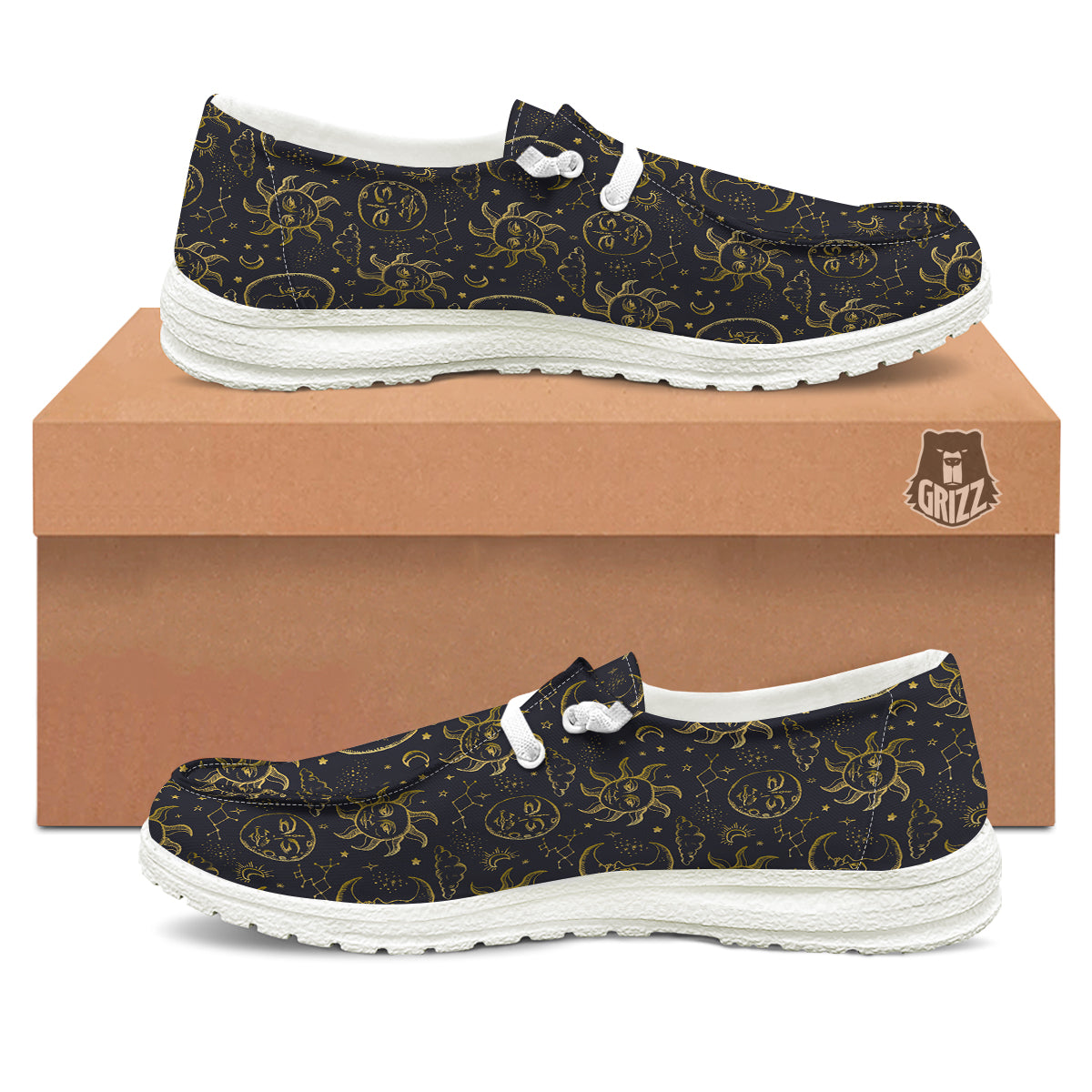 Celestial Gold And Black Print Pattern White Loafers-grizzshop