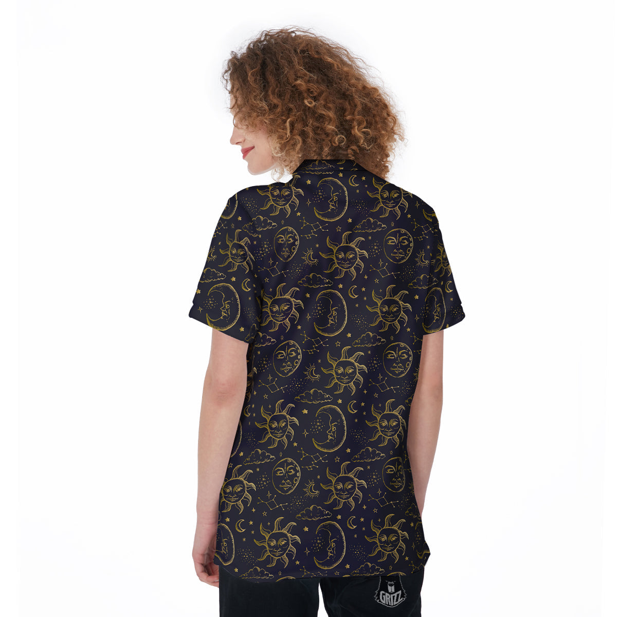 Celestial Gold And Black Print Pattern Women's Golf Shirts-grizzshop