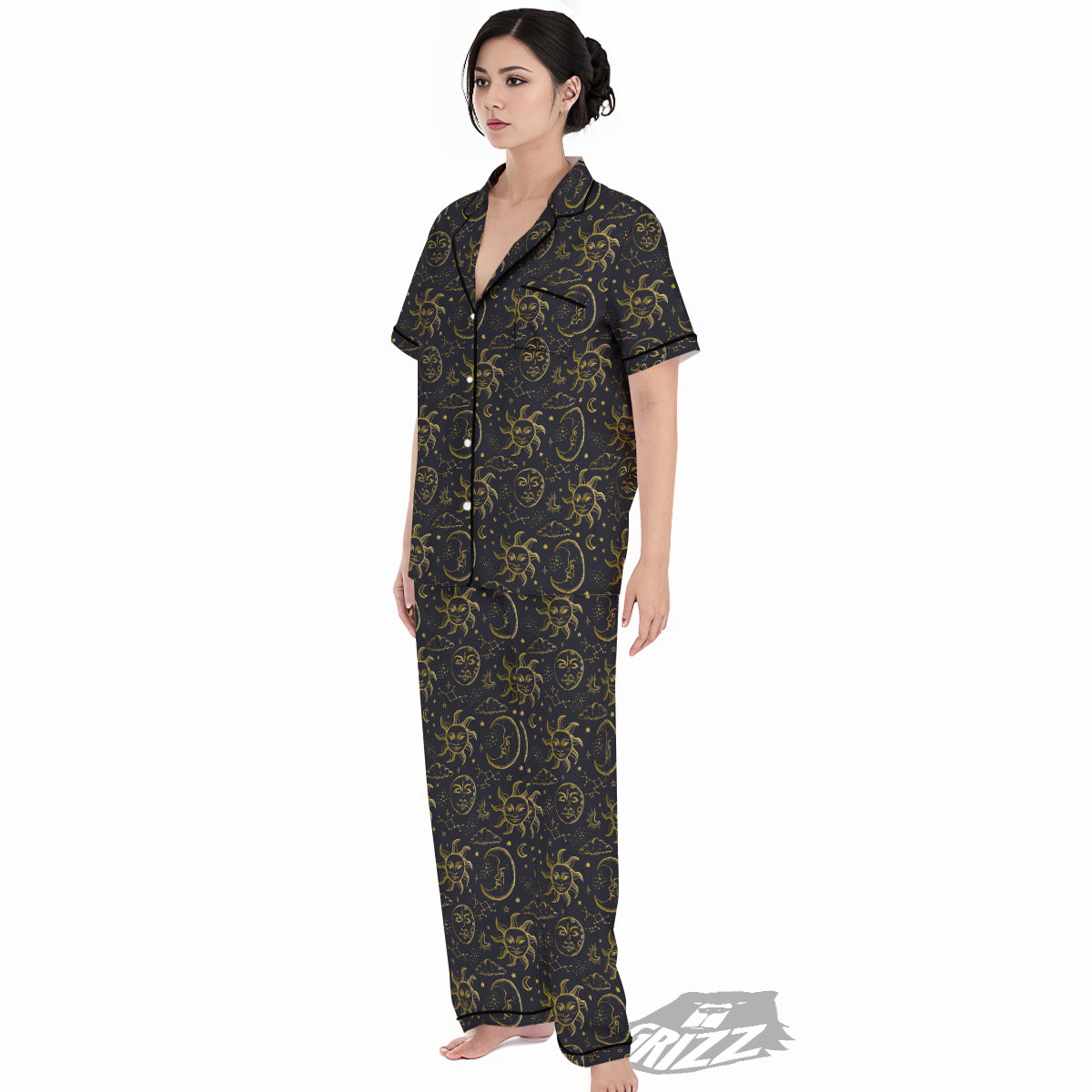 Celestial Gold And Black Print Pattern Women's Pajamas Set-grizzshop