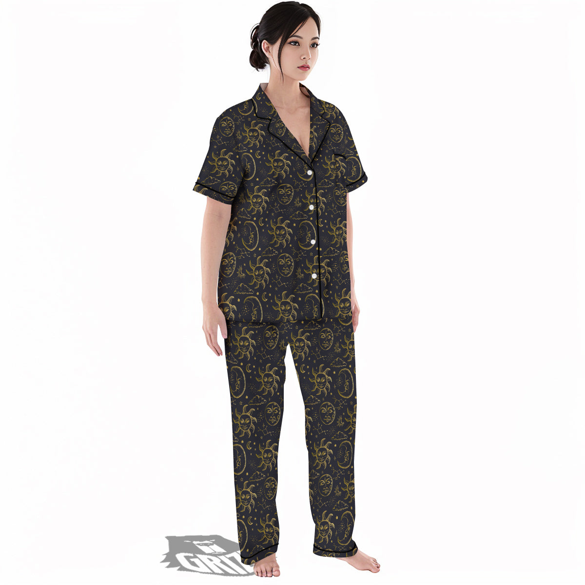Celestial Gold And Black Print Pattern Women's Pajamas Set-grizzshop