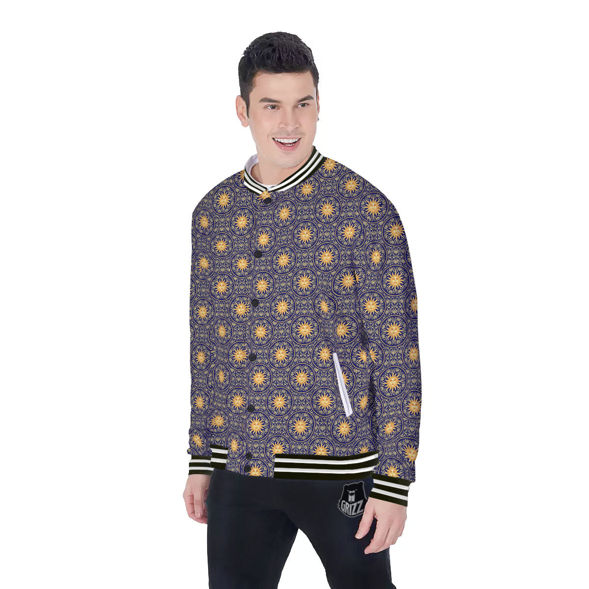 Celestial Gold And Blue Print Pattern Baseball Jacket-grizzshop