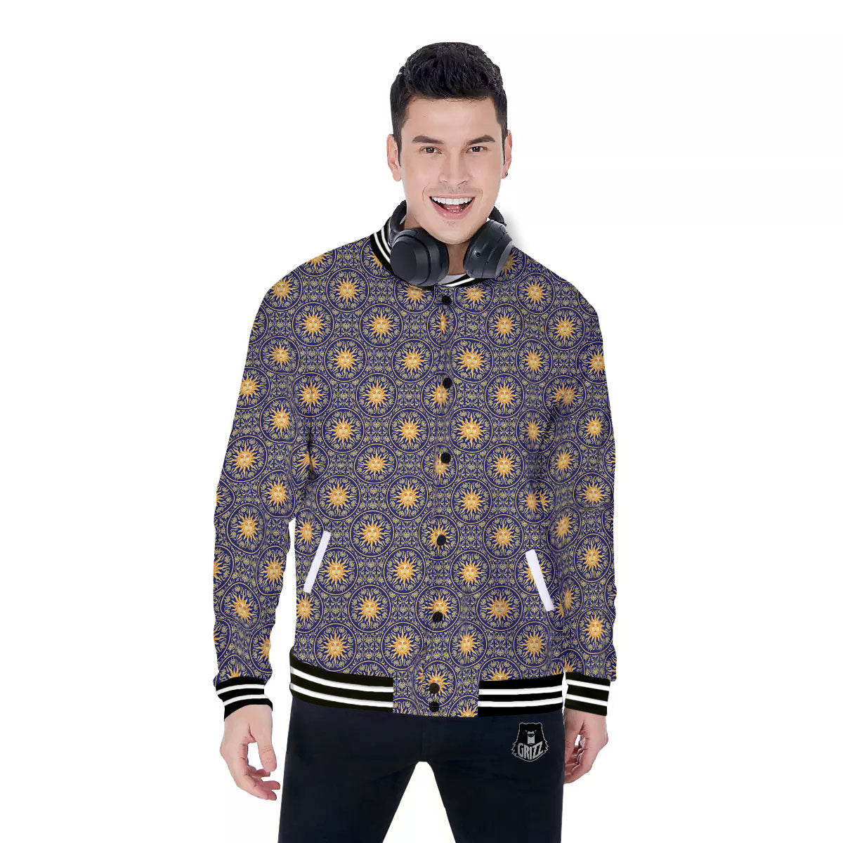 Celestial Gold And Blue Print Pattern Baseball Jacket-grizzshop