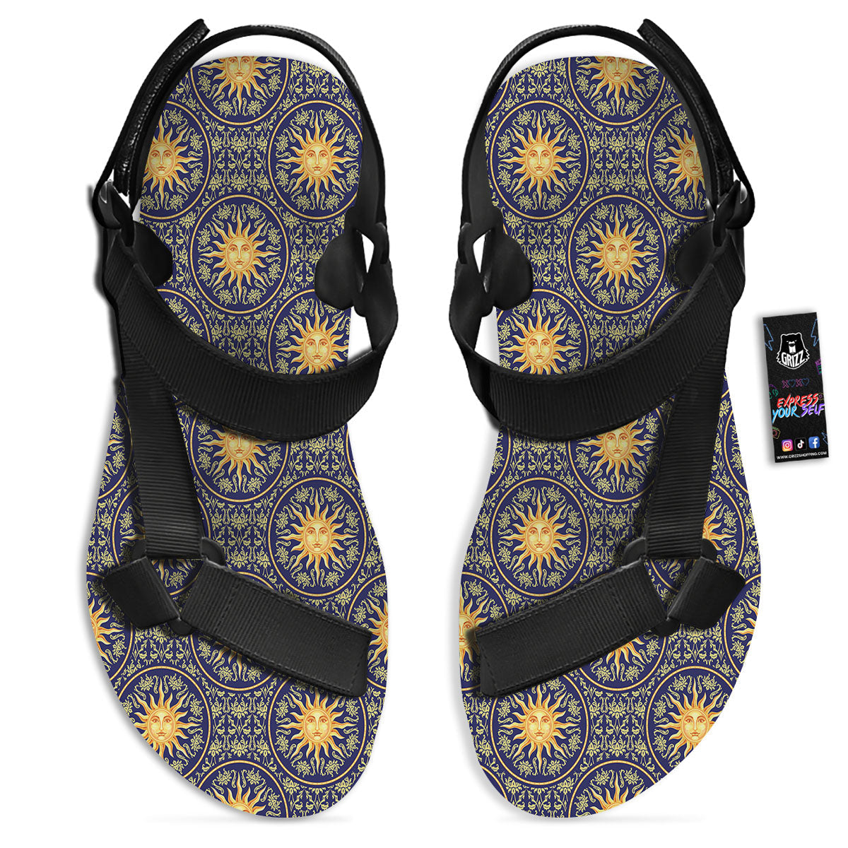Celestial Gold And Blue Print Pattern Black Open Toe Sandals-grizzshop