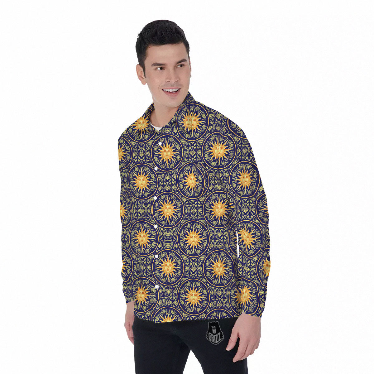 Celestial Gold And Blue Print Pattern Men's Long Sleeve Shirts-grizzshop