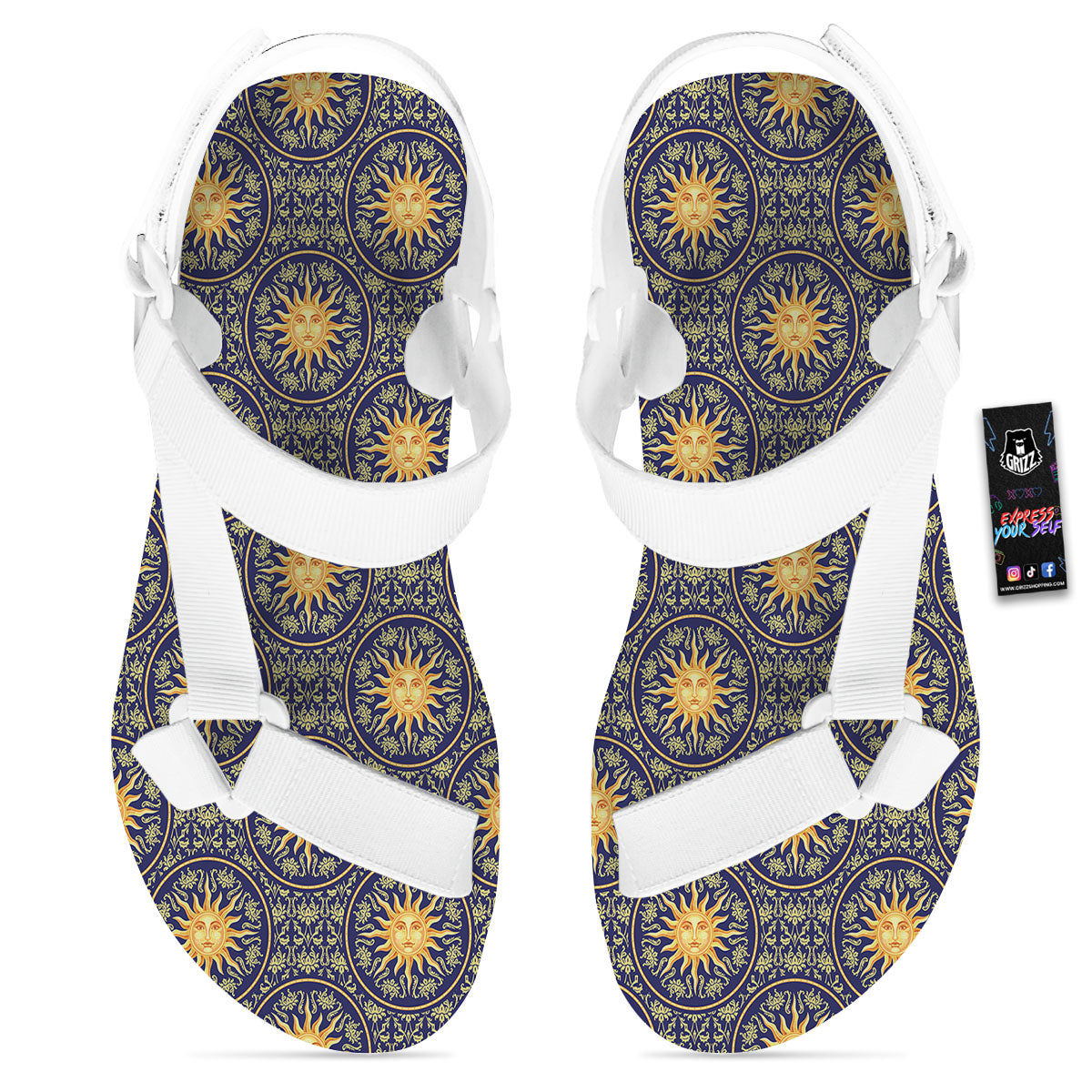 Celestial Gold And Blue Print Pattern White Open Toe Sandals-grizzshop