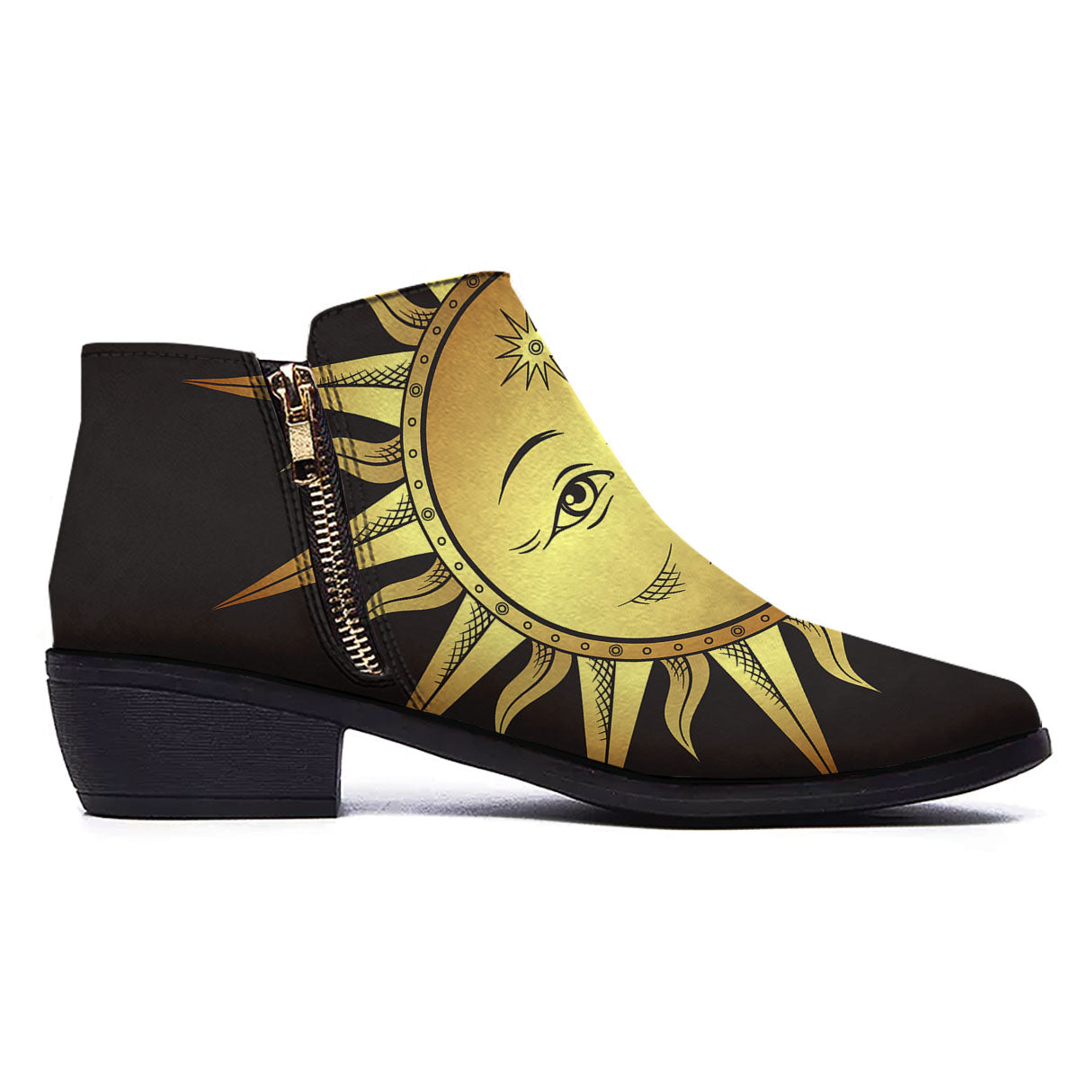 Celestial Sun Gold And Black Print Ankle Boots-grizzshop