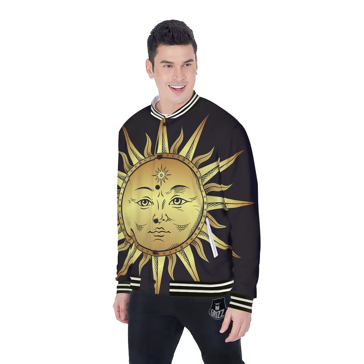 Celestial Sun Gold And Black Print Baseball Jacket-grizzshop