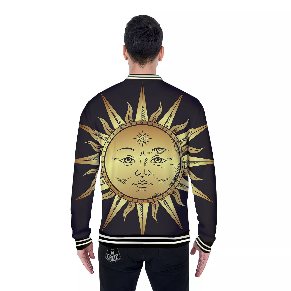 Celestial Sun Gold And Black Print Baseball Jacket-grizzshop