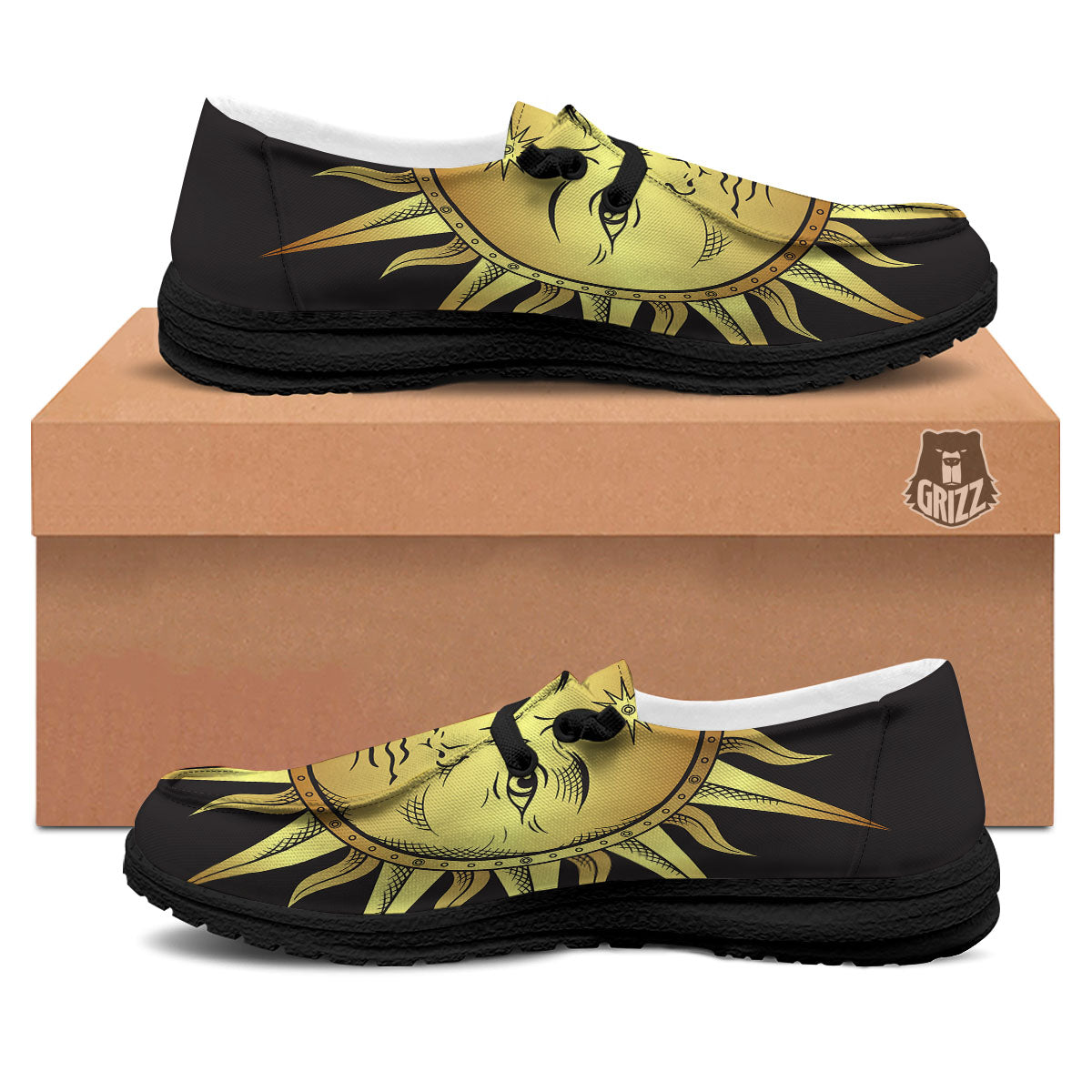 Celestial Sun Gold And Black Print Black Loafers-grizzshop