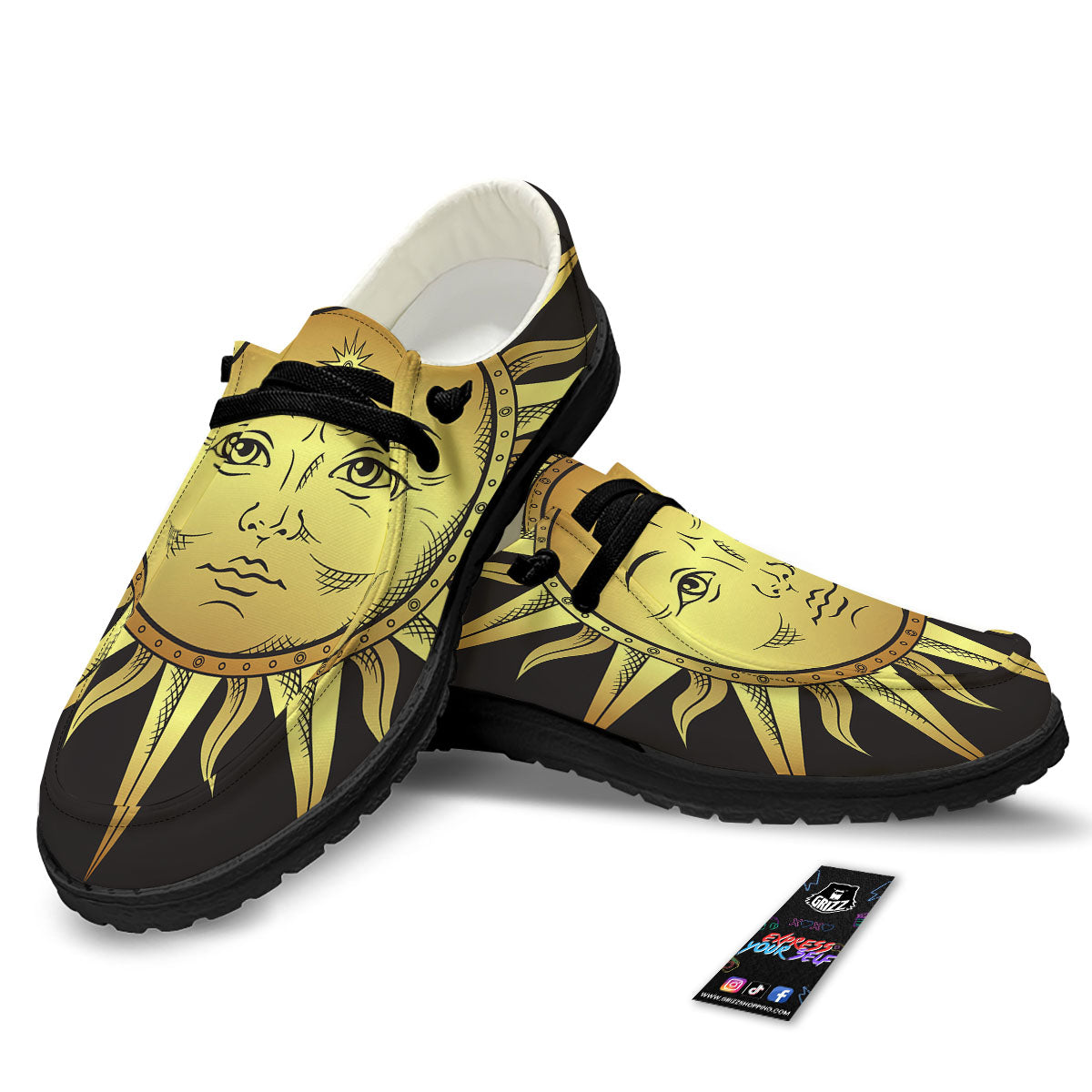 Celestial Sun Gold And Black Print Black Loafers-grizzshop