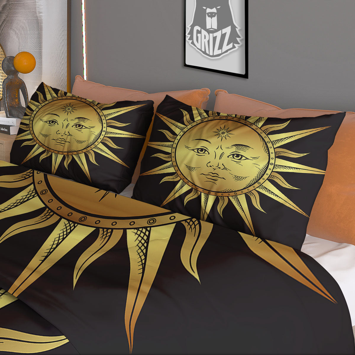 Celestial Sun Gold And Black Print Duvet Cover Bedding Set