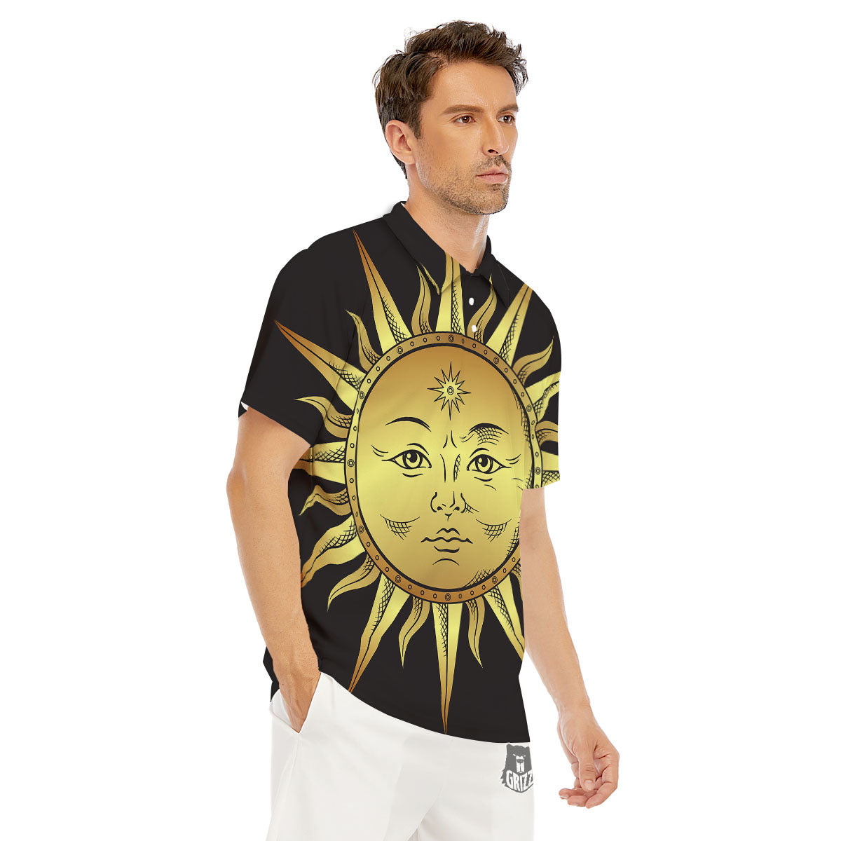 Celestial Sun Gold And Black Print Men's Golf Shirts-grizzshop
