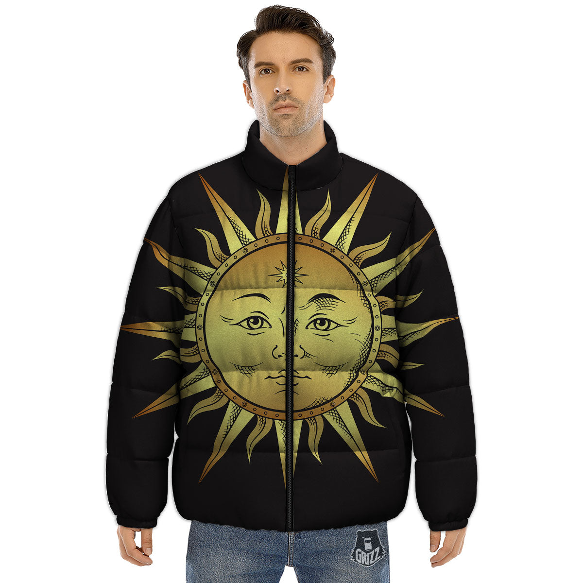 Celestial Sun Gold And Black Print Puffer Jacket-grizzshop
