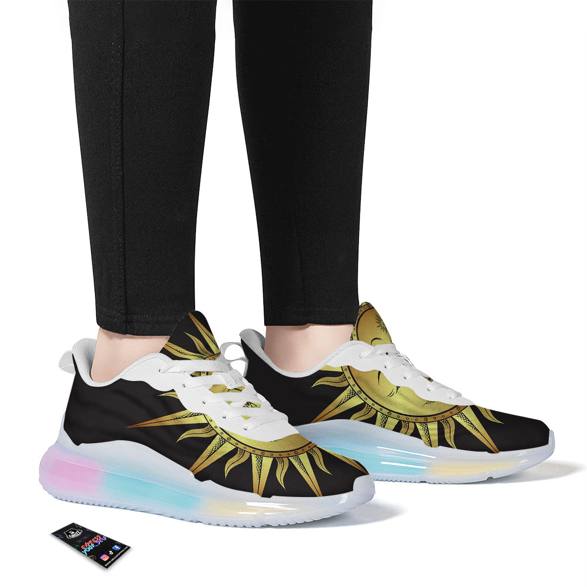 Celestial Sun Gold And Black Print Running Sneakers-grizzshop