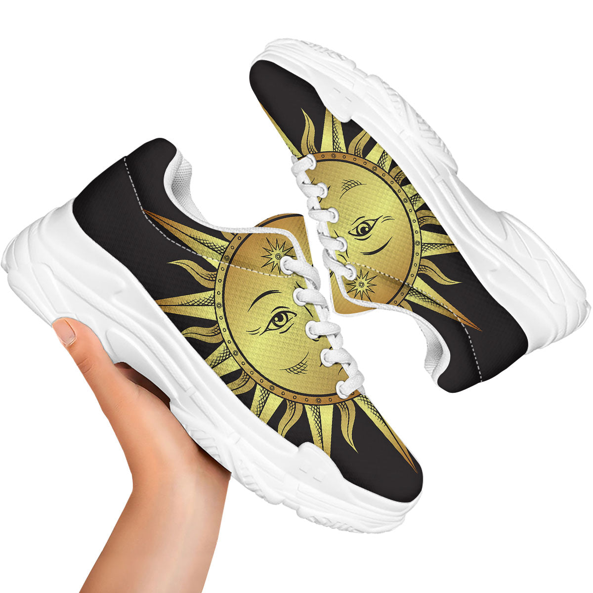 Celestial Sun Gold And Black Print White Chunky Shoes-grizzshop