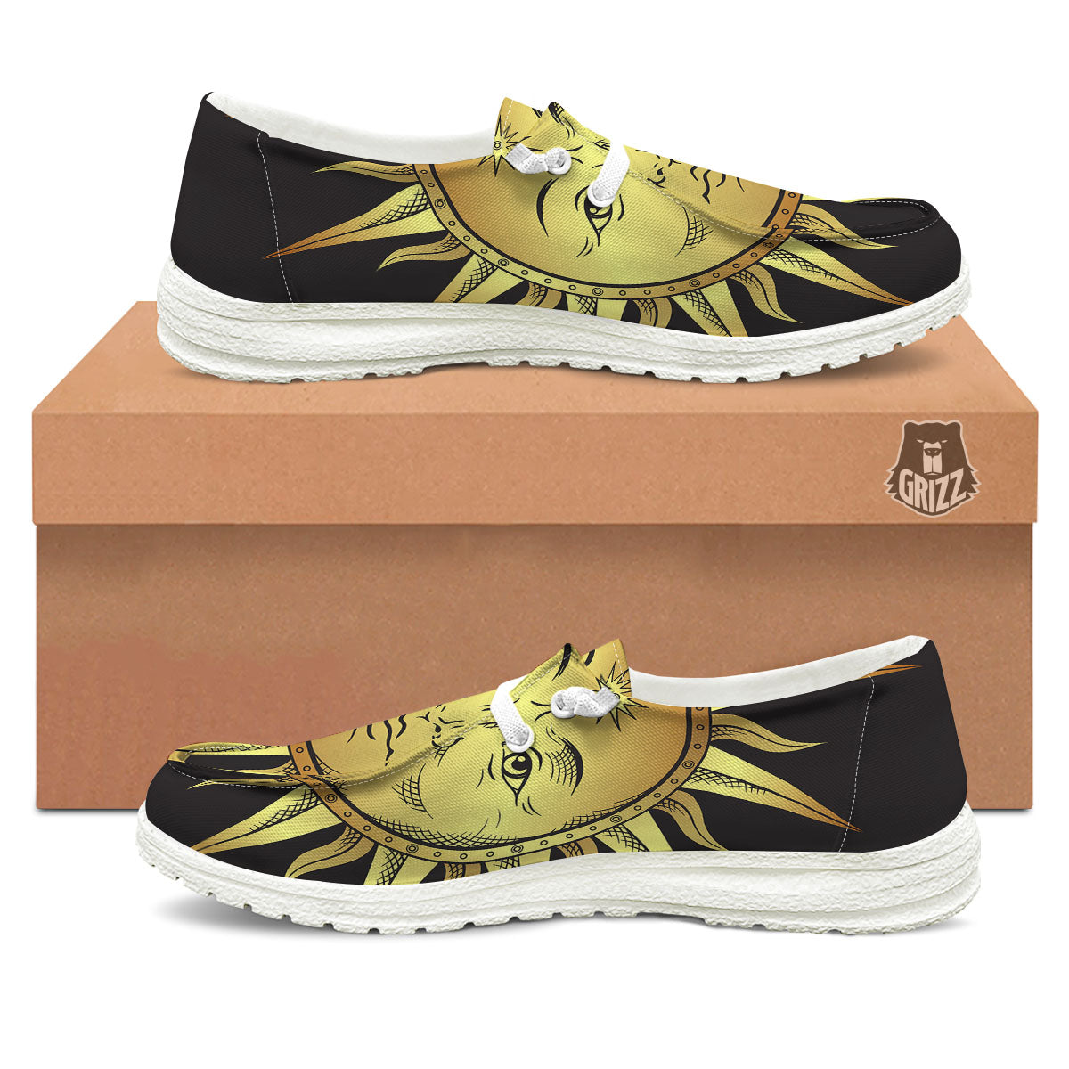 Celestial Sun Gold And Black Print White Loafers-grizzshop
