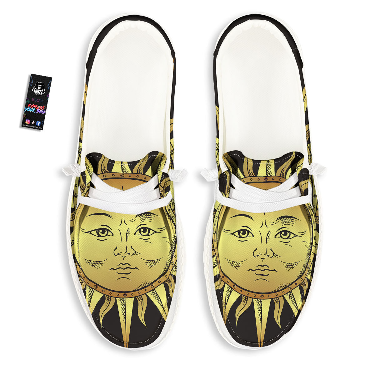 Celestial Sun Gold And Black Print White Loafers-grizzshop