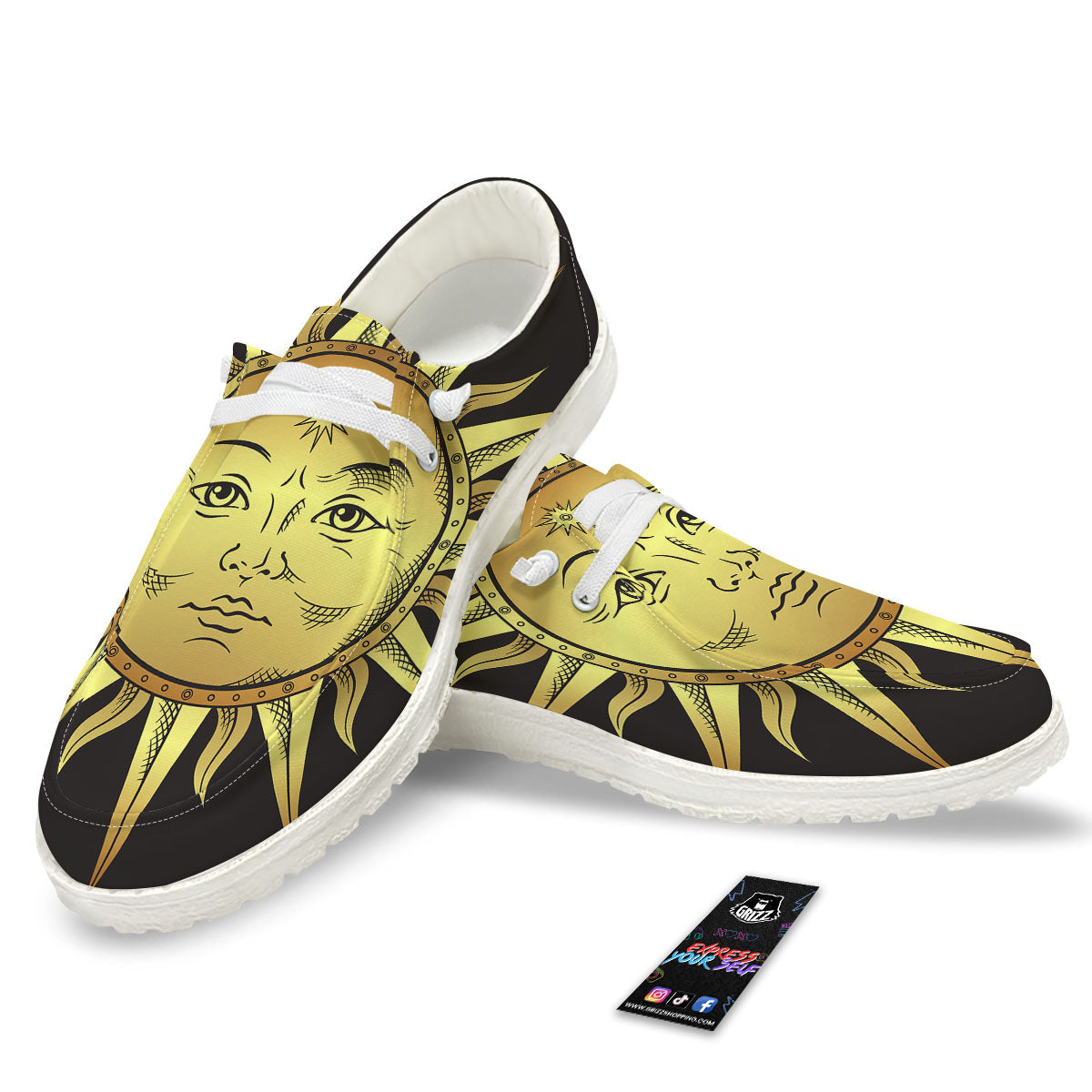 Celestial Sun Gold And Black Print White Loafers-grizzshop