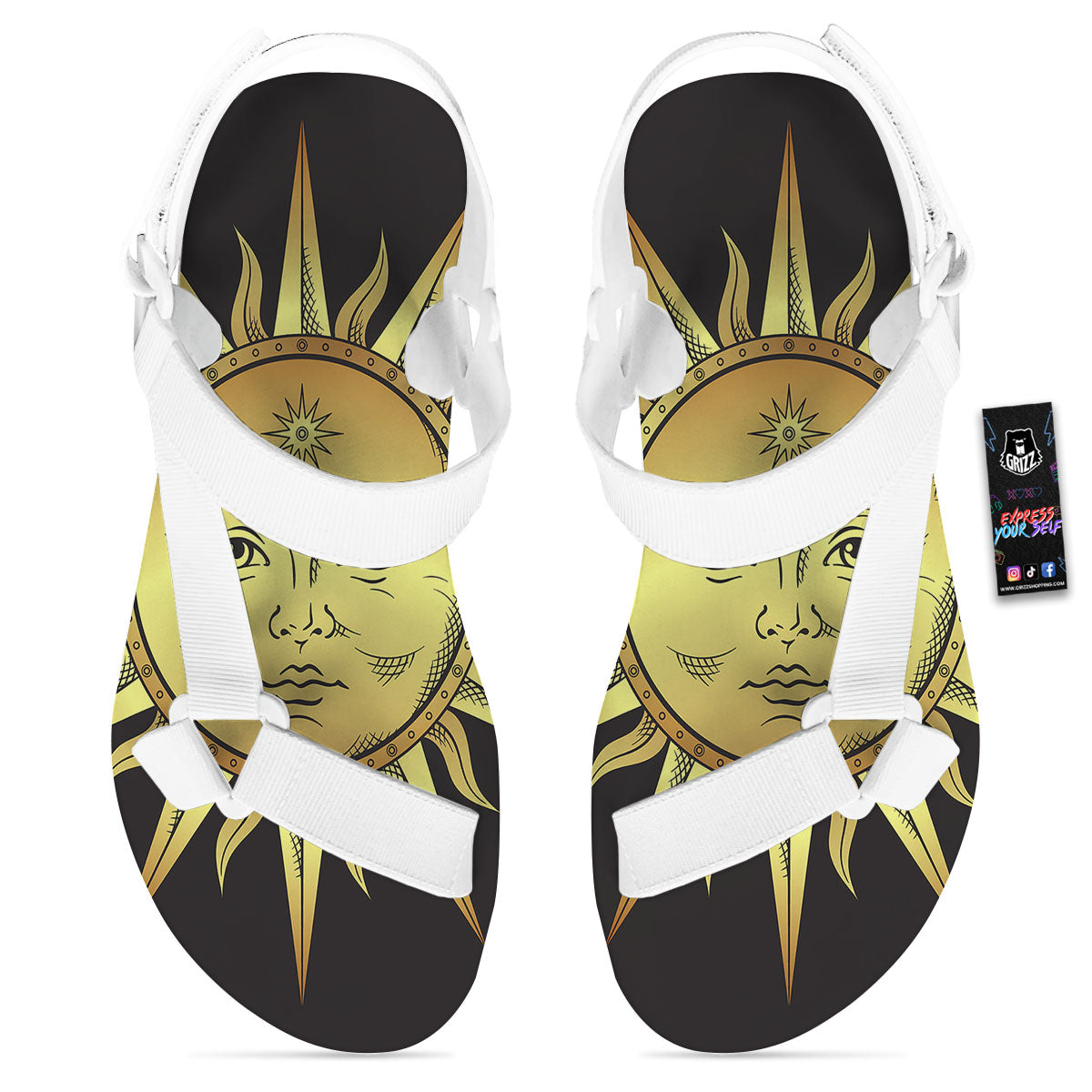 Celestial Sun Gold And Black Print White Open Toe Sandals-grizzshop