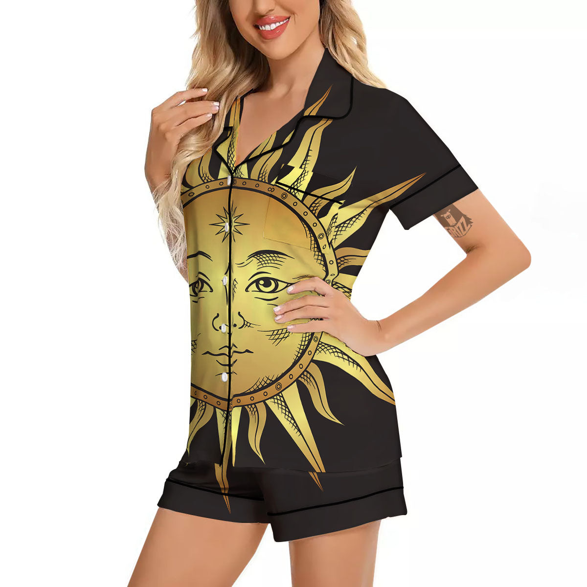Celestial Sun Gold And Black Print Women Silk Pajamas-grizzshop