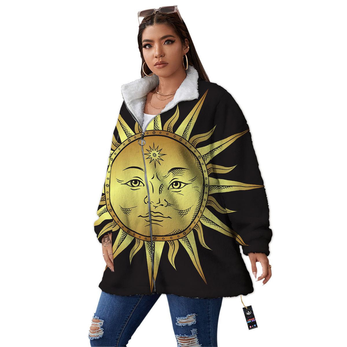 Celestial Sun Gold And Black Print Women's Sherpa Jacket-grizzshop