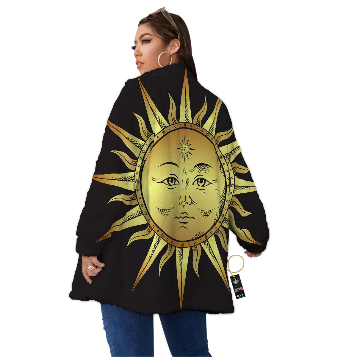 Celestial Sun Gold And Black Print Women's Sherpa Jacket-grizzshop