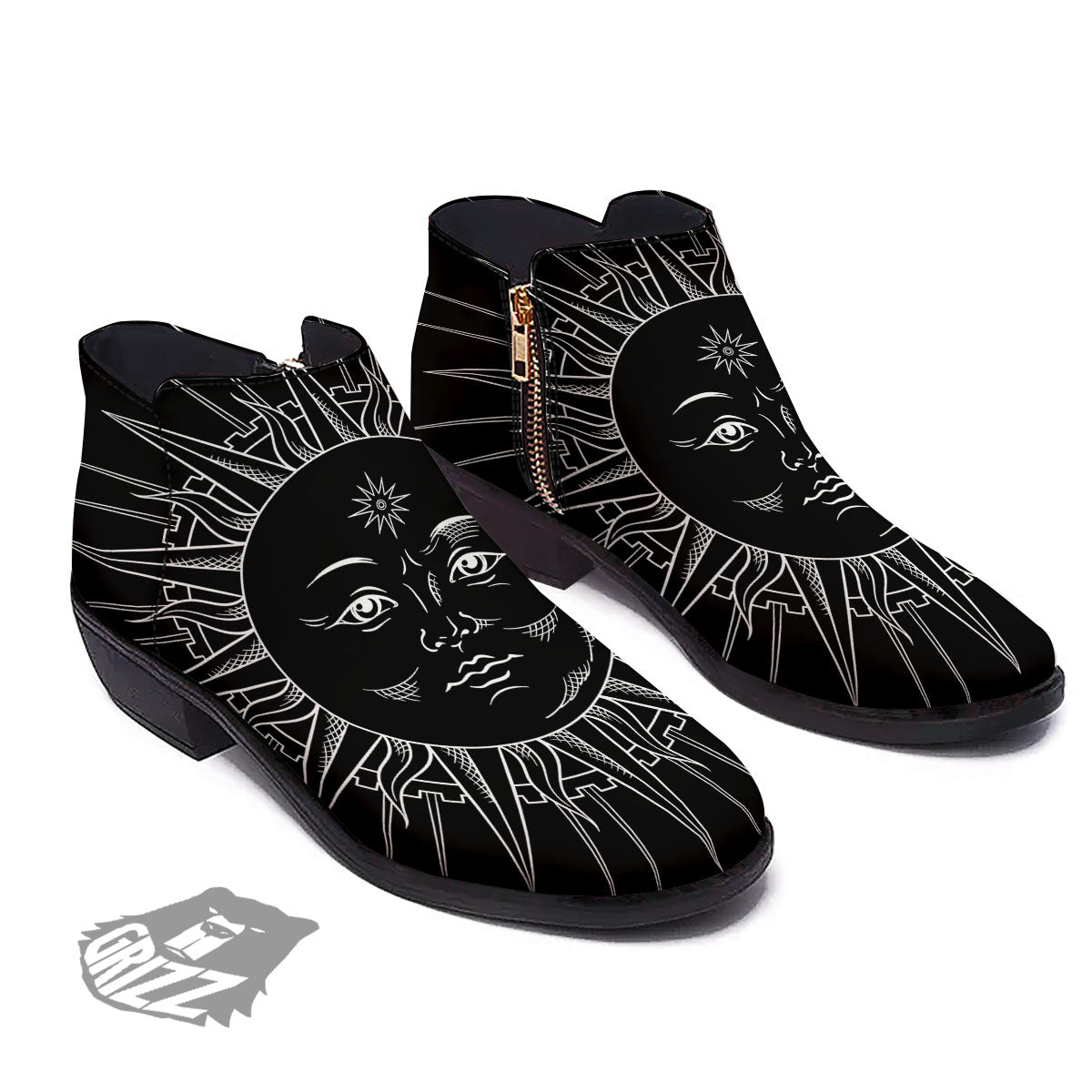 Celestial Sun White And Black Print Ankle Boots-grizzshop