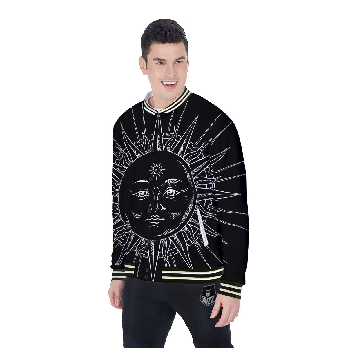 Celestial Sun White And Black Print Baseball Jacket-grizzshop