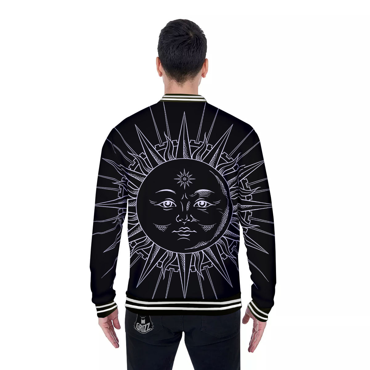 Celestial Sun White And Black Print Baseball Jacket-grizzshop
