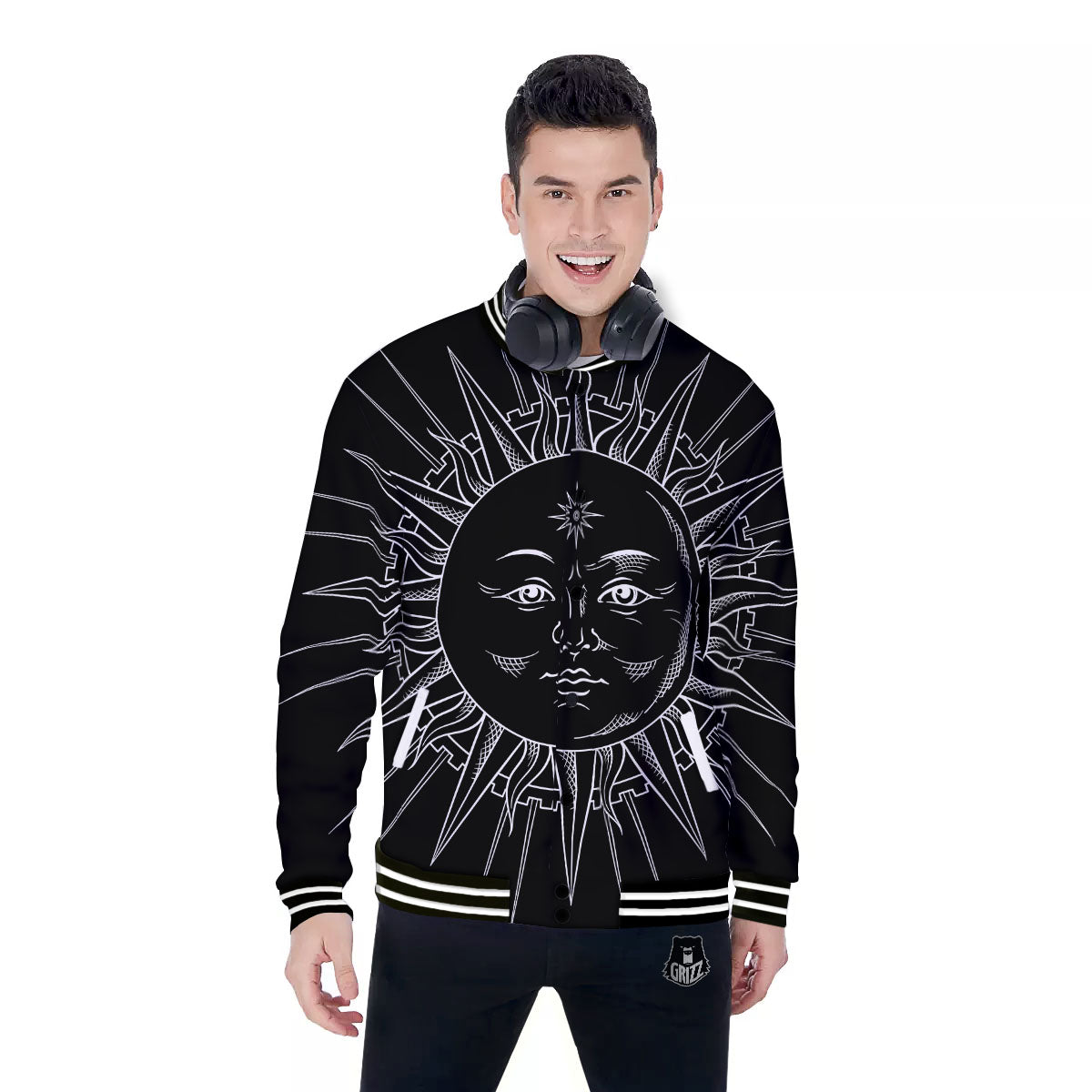 Celestial Sun White And Black Print Baseball Jacket-grizzshop
