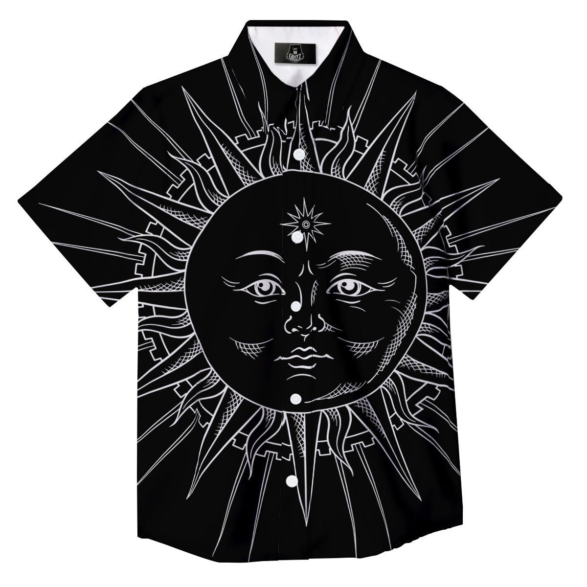 Celestial Sun White And Black Print Button Up Shirt-grizzshop