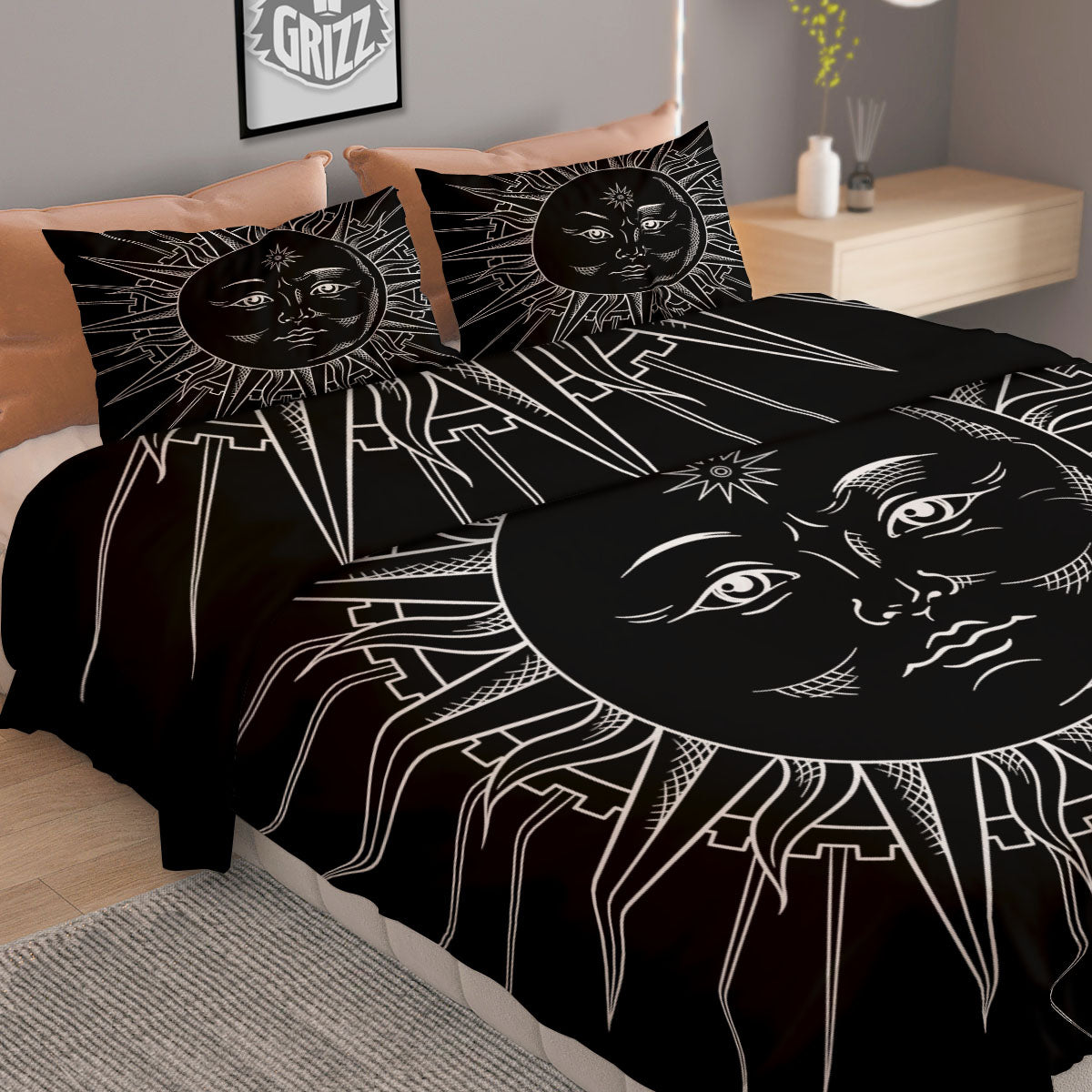 Celestial Sun White And Black Print Duvet Cover Bedding Set