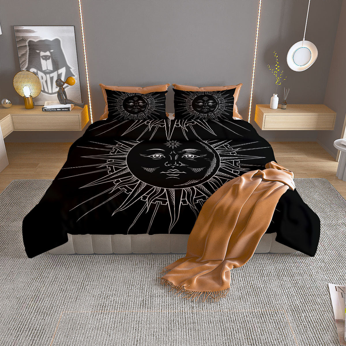 Celestial Sun White And Black Print Duvet Cover Bedding Set